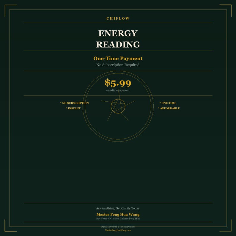 May include: Dark green graphic with gold text and design elements. The text reads "CHIFLOW ENERGY READING" and "One-Time Payment." The price is $5.99. Additional text includes "No Subscription," "Instant," "One-Time," and "Affordable."