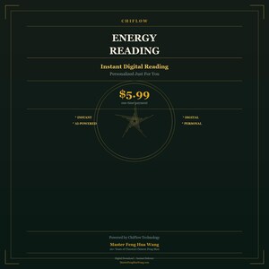 May include: Dark green graphic with gold text and accents. The text reads "ENERGY READING" and "Instant Digital Reading". A star design is in the center. The price is $5.99. The image also includes the text "INSTANT", "AI-POWERED", "DIGITAL", and "PERSONAL".