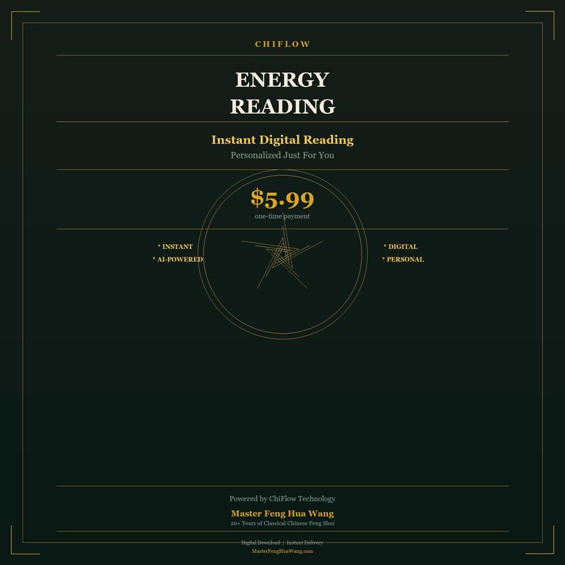 May include: Dark green graphic with gold text and accents. The text reads "ENERGY READING" and "Instant Digital Reading". A star design is in the center. The price is $5.99. The image also includes the text "INSTANT", "AI-POWERED", "DIGITAL", and "PERSONAL".