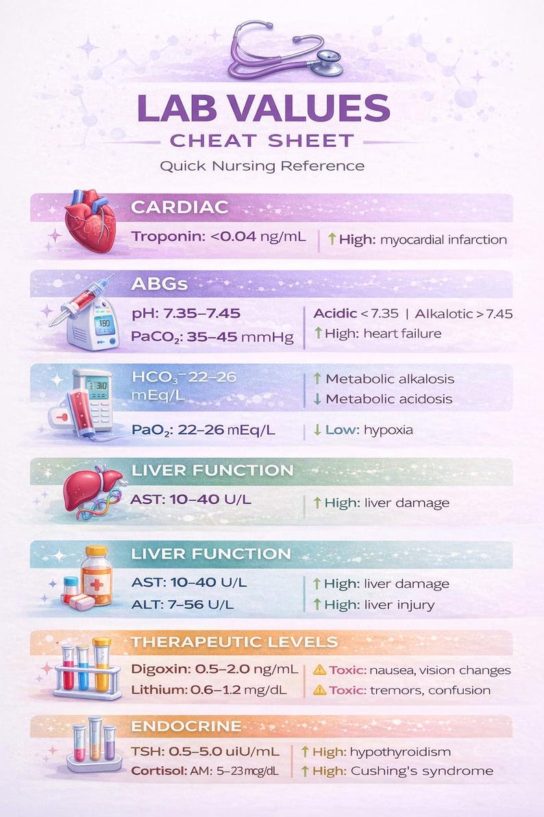 Nursing Lab Values Cheat Sheet Nursing Student Notes NCLEX Study Guide ...