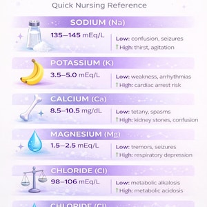 May include: A purple and white "Electrolytes Cheat Sheet" graphic. It lists sodium, potassium, calcium, magnesium, and chloride levels, with associated low and high level symptoms. Includes illustrations of a salt shaker, banana, bone, and water droplets.
