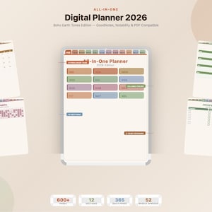 May include: A digital planner for 2026 in a Boho Earth Tones Edition. The planner includes a calendar, habit tracker, and weekly spreads. The planner has over 600 pages, 12 sections, 365 daily pages, and 52 weekly spreads.