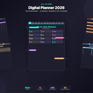 May include: Digital planner 2026 in dark mode, compatible with GoodNotes, Notability, and PDF. The planner includes calendar views, habit trackers, and weekly spreads. Features over 600 pages, 12 sections, 365 daily pages, and 52 weekly spreads.