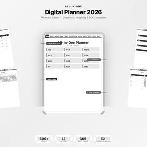 Puede incluir: Un planificador digital para 2026, edición minimalista, con fondo blanco. El planificador incluye un calendario, un rastreador de hábitos y páginas semanales. El texto en el planificador dice "All-In-One Digital Planner 2026". Tiene 600+ páginas, 12 secciones, 365 páginas diarias y 52 páginas semanales.