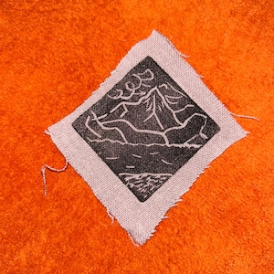 Handmade black & purple mountain landscape lino print patch – Punk Accessory (3"x3")