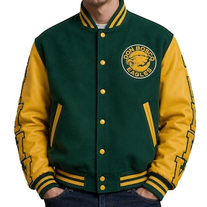 Chaqueta universitaria Drake Rob verde y amarilla hecha a mano.