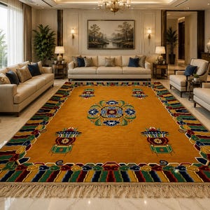 May include: A large, rectangular mustard-yellow rug with a detailed border and central design. The border features a repeating pattern of colorful cloud-like shapes and geometric elements. The rug has a fringed edge and is placed in a living room setting.