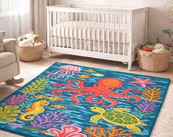 Ocean Theme Tufted Rug, Kids Room Rug, Octopus Turtle Seahorse Rug, Nursery Decor Rug, Handmade Colorful Area Rug, Playroom Rug.