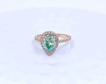 Bague de fiançailles en larme moissanite poire vert menthe 3 carats, alliance pavée d'or rose