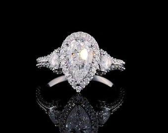 Bague de fiançailles diamants cultivés en laboratoire 4 carats taille poire, mariage trois pierres oreilles