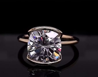 Bague de fiançailles diamants cultivés en laboratoire coussin 3 carats solitaire minimaliste demi-clos, anniversaire