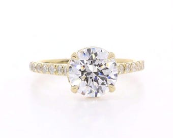 Bague de fiançailles en diamant rond 3 ct avec halo caché vintage cultivé en laboratoire, panier de mariage millegrain