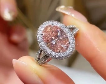 Bague de fiançailles diamant rose fantaisie ovale 3 carats cultivés en laboratoire, mariage tige fendue