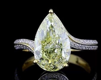 Bague de fiançailles diamant de laboratoire taille poire jaune canari 3 carats, bijoux de mariée tige de dérivation