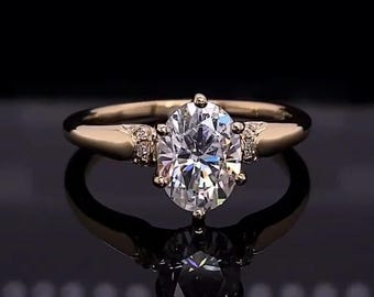 Bague de fiançailles solitaire 6 griffes 3 carats diamants ovales cultivés en laboratoire, or jaune rehaussé