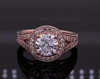 Bague de fiançailles en or rose halo 3 carats ronds avec diamants cultivés en laboratoire, tige fendue