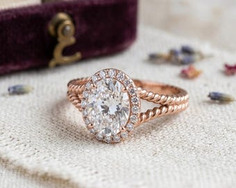 Tige fendue torsadée, bague de fiançailles diamants ovales 3 carats cultivés en laboratoire, sertissage filigrane en or rose