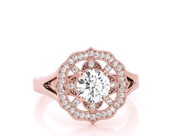 Bague de fiançailles halo floral vintage avec tige fendue de 2 carats, diamants ronds cultivés en laboratoire, or rose