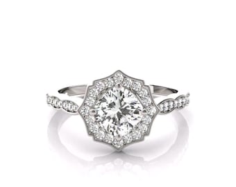 Bague de fiançailles halo floral 3 carats ronds diamants cultivés en laboratoire, anniversaire de l'anneau festonné pavé