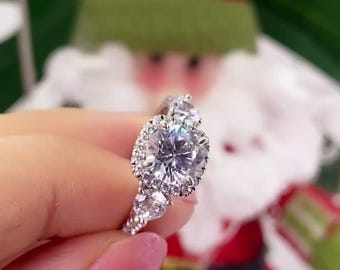 Bague de fiançailles en diamants moissanite taille ronde halo 2 carats, trois pierres vintage, art déco en filigrane