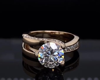 Bague de fiançailles rondes diamants cultivés en laboratoire 3 carats Bypass, anneau de mariage pavé