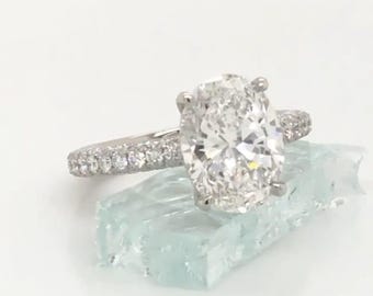 Bague de fiançailles diamants ovales 3 carats cultivés en laboratoire, anneau halo caché pavé, or blanc