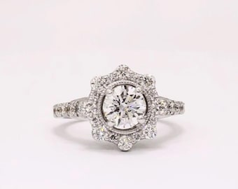 Bague de fiançailles halo floral vintage 3 carats ronds avec diamants cultivés en laboratoire, anneau de diamants pavé