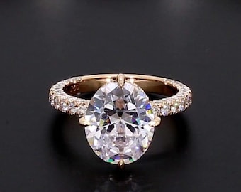 Bague de fiançailles en diamants ovales cachés 3 carats avec halo pavé, grand effet
