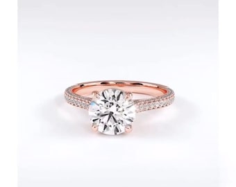 Élégante bague de fiançailles en diamants ronds 2 carats cultivés en laboratoire, pavé d'or rose, halo caché