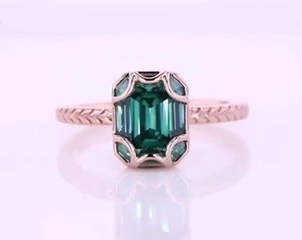 Bague de fiançailles moissanite vintage en or rose 3 carats gravée, émeraude verte, serti clos
