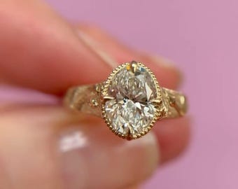 vintage bague diamant grain grain 3 ct ovale cultivé en laboratoire, anneau texturé artisanal