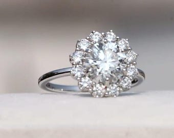 Bague de fiançailles halo de fleurs 3 carats ronds diamants cultivés en laboratoire vintage, grappe d'or blanc