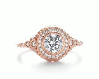 Bague de fiançailles de mariage en diamants ronds de 3 carats gravés dans une feuille de style ancien