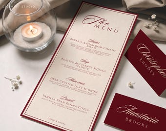 Cardápio de casamento em tom bordô + modelo de cartão de agradecimento e marcador de lugar | Cardápio editável para jantar sofisticado