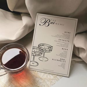 Może przedstawiać: Prostokątna karta menu barowego z kremowym tłem i czarnym tekstem. Nagłówek brzmi THE BAR MENU, a po nim następują sekcje WINE, SPIRITS, BEER i NON-ALCOHOLIC. Zawiera rysunek liniowy dwóch kieliszków koktajlowych z wisienkami.