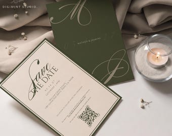 Elegante Save-the-Date-Vorlage in Olivgrün | Bearbeitbare, luxuriöse und moderne Hochzeitspapeterie