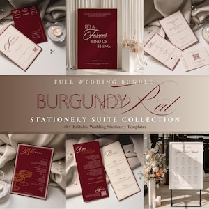 May include: A burgundy and cream wedding stationery bundle featuring editable templates for save the dates, menus, seating charts, and invitations. The collection includes various cards with elegant typography, QR codes, and line art illustrations.