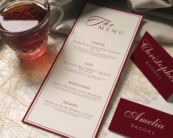Editable Burgundy Red Wedding Menu and Place Card Template, Elegant Dinner Menu and Thank You Card, Printable Instant Download