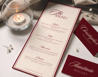 Menu de mariage rouge bordeaux + Modèle de carte de remerciement et de marque-place | Menu de dîner de style classique (modifiable)