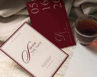 Editable Luxury Old Money Save the Date Wedding Template | Burgundy Red & Cream Elegant Wedding Stationery