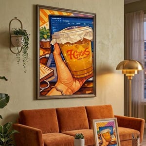 May include: A framed art print featuring a vibrant illustration of a hand holding a large coffee cup with the text "7 Grins Coffee a week". The artwork is displayed above a burnt orange velvet sofa in a living room setting.