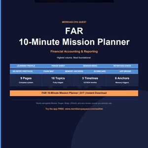 May include: A navy blue and orange graphic for Meridian CPA Quest's FAR 10-Minute Mission Planner. The text includes "Financial Accounting & Reporting" and details like "9 Pages" and "18 Topics". The planner is designed to help with financial accounting.