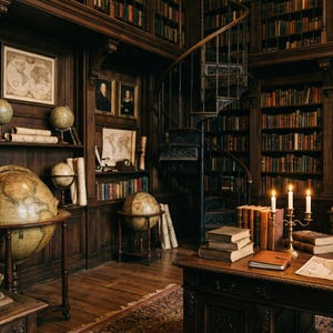 May include: A classic library interior with dark wood paneling, filled with bookshelves, globes, and antique maps. A spiral staircase leads to a higher level. Candles illuminate a desk with books and a quill.