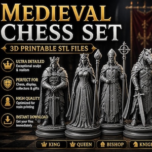 May include: A detailed image of a medieval chess set. The set includes six intricately designed pieces: King, Queen, Bishop, Knight, Rook, and Pawn. The pieces are dark gray and appear to be 3D printed. Text on the image reads "Medieval Chess Set" and "3D Printable STL Files."