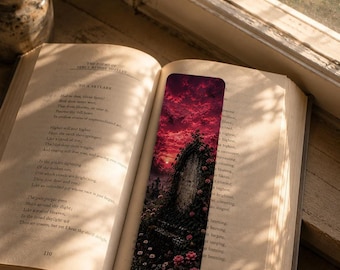Gothic Bookmark with Pink Sunset Roses, Dark Academia Design