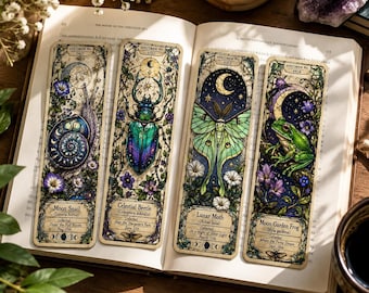 Nature Bookmark Set of 4, Stained Glass-Inspired Snail, Beetle, Moth, Frog