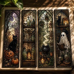 Halloween-Lesezeichen-Set (4 Stück), gotische Glasmalerei-Designs für herbstliche Lesestunden