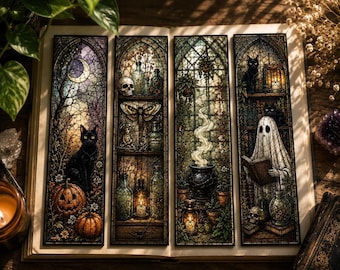 Halloween-Lesezeichen-Set (4 Stück), gotische Glasmalerei-Designs für herbstliche Lesestunden