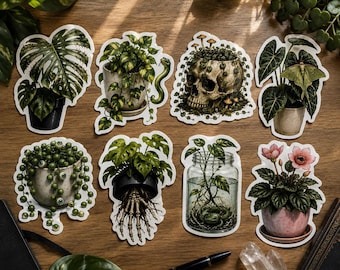 Plant Sticker, Creepy Botanical Vinyl Houseplant Design With White Border