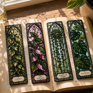 Houseplant Gift Stained Glass Bookmarks Set | Pothos, Pink Princess, Monstera, String of Pearls